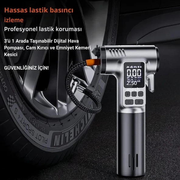 Coofbe 4in1 150PSI 4000Mah Şarjlı Araç Lastik Şişirme Pompası+Emniyet Kemer Kesici+Cam Kırıcı+Led Işıklı - 4