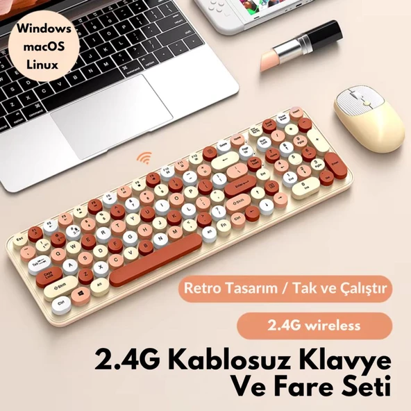 Coofbe 105 Retro Tuşlu 2.4Gh Kablosuz Bluetooth Klavye Mouse Seti Retro Kablosuz Klavye Mouse Set - 8