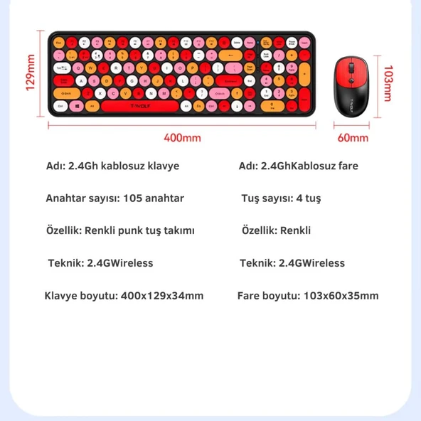 Coofbe 105 Retro Tuşlu 2.4Gh Kablosuz Bluetooth Klavye Mouse Seti Retro Kablosuz Klavye Mouse Set - 12