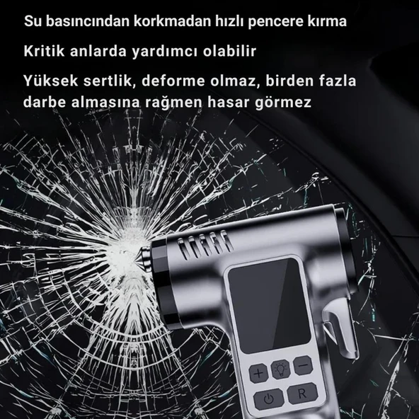 Coofbe 4in1 150PSI 4000Mah Şarjlı Araç Lastik Şişirme Pompası+Emniyet Kemer Kesici+Cam Kırıcı+Led Işıklı - 3