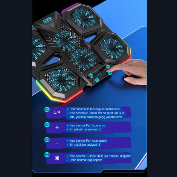 Coofbe 6 Fanlı 12 RGB Işık Modlu Kademe Standlı LCD Göstergeli Notebook Soğutucu Laptop Standı Soğutucu - Resim 5