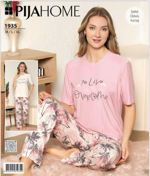 Pijahome Kadın Viskon İpeksi Dokulu Kısa Kollu Pijama Takımı - 7