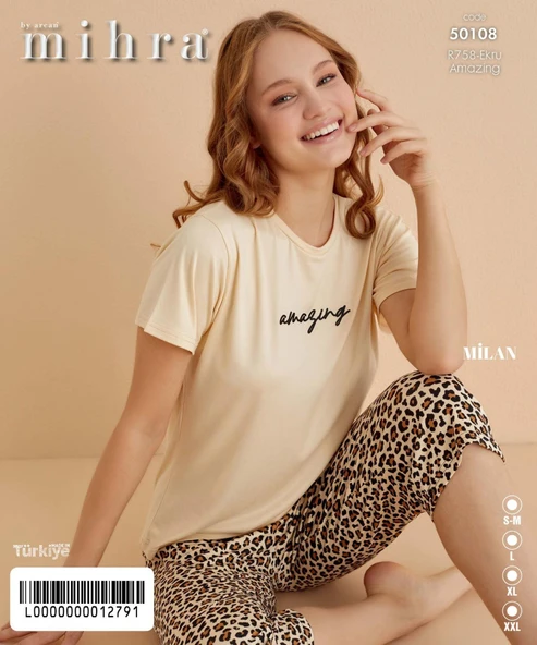 Mihra Kadın Bisiklet Yaka MİLAN Likralı KAPRİ Kısa Kol Pijama Takımı 50108E - 1 Adet  Ekru 2XL - Resim 2