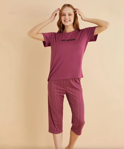 Mihra Kadın Bisiklet Yaka MİLAN Likralı KAPRİ Kısa Kol Pijama Takımı 50108M - 1 Adet  2XL Mürdüm