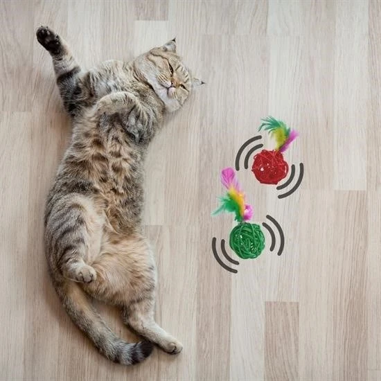 BUFFER® 2li Rattan Renkli Peluş Tüy Kedi Köpek Oyuncak Yakalama Çiğneme Çıngıraklı Top Oyuncağı - 3