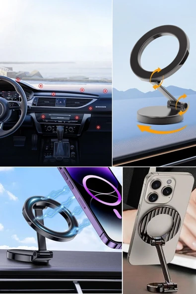 BUFFER® Tüm Telefonlarla Uyumlu Manyetik Araç Telefonu Tutacağı Katlanır 360 Derece Dönen Telefon Standı - 8