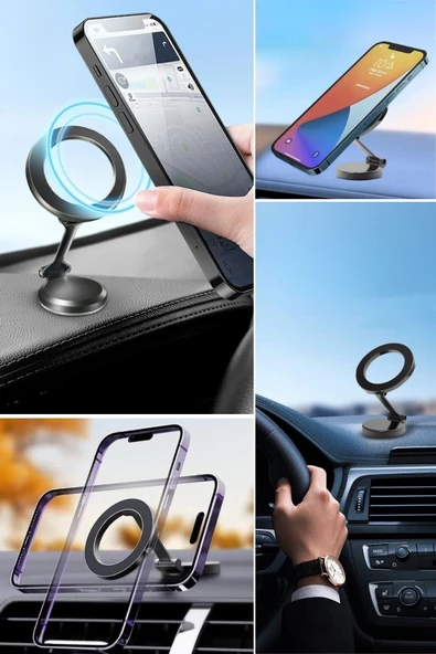 BUFFER® Tüm Telefonlarla Uyumlu Manyetik Araç Telefonu Tutacağı Katlanır 360 Derece Dönen Telefon Standı - 6