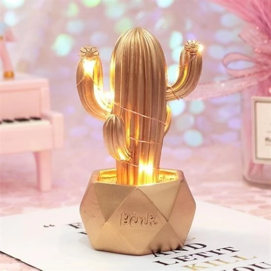 BUFFER® Led Işıklı Sevimli Kaktüs Dekoratif Masa Lambası Mini Biblo Gece Lambası-GOLD - 2