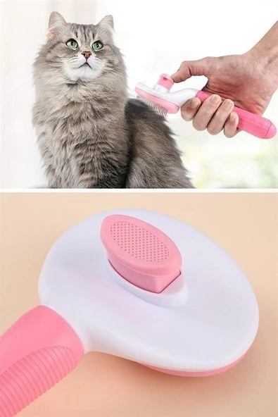 BUFFER® Kedi Köpek Tüy Toplayıcı Kendini Temizleyebilen Ergonomik Saplı Evcil Hayvan Tarağı Pembe - 8