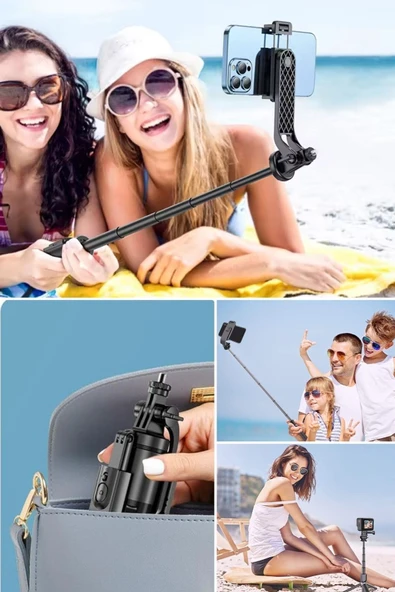 BUFFER® Fotoğraf Makinası ve Telefon Takılabilen 2si 1 Arada 2.2m Uzayan Selfie Çubuğu Kumandalı Tripod - 7