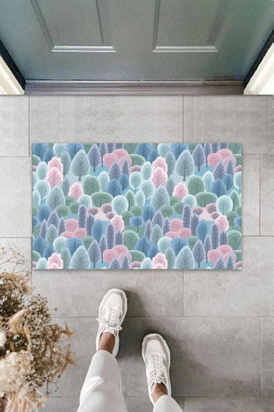 Dijital Baskı Pembe-Mavi Küçük Ağaçlar Paspas K-3094 ürün görseli