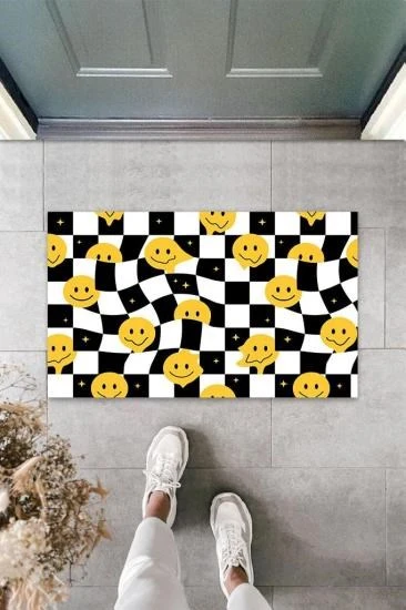 Dekoratif Dijital Gülen Emojiler Sarı-Siyah Kapı Paspası Dış Mekan Paspas K-3128 - 1