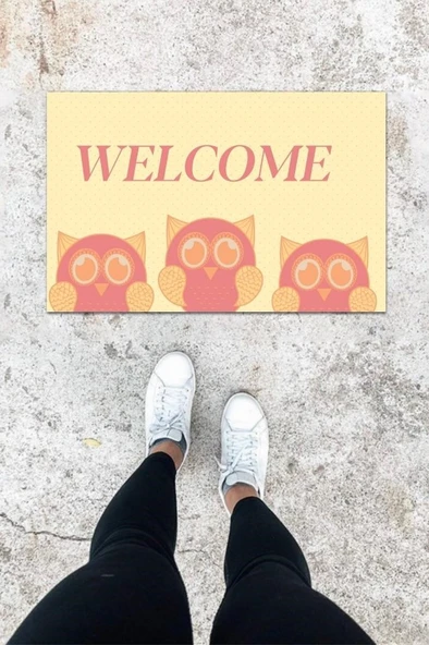 Dijital Baskı Pembe Üç Baykuş Desen Kapı Önü Paspası K-1032 ürün görseli