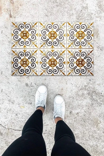 Dijital Baskı Kahverengi Çini Desen Kapı Önü Paspası K-1068 ürün görseli