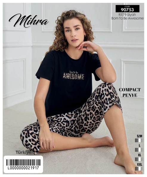 Mihra Kadın Bisiklet Yaka COMPACT PENYE Likralı KAPRİ Kısa Kol Pijama Takımı 90753S - 1 Adet  Siyah S - M - Resim 2