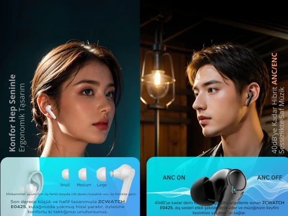 ZCWATCH E0425 ANC/ENC Aktif Gürültü Engelleme 4 Mikr. Bluetooth 5.3 Tws Kulaklık, 470 Mah Wireless Şarj (ZCWATCH Türkiye Garantili) - 4