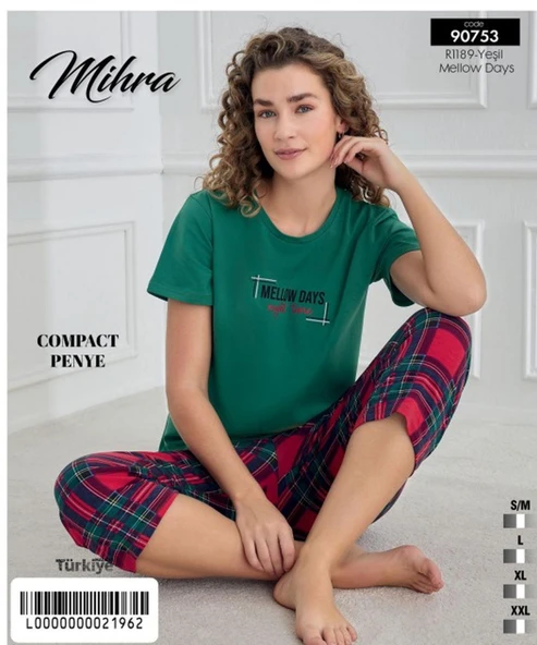 Mihra Kadın Bisiklet Yaka COMPACT PENYE Likralı KAPRİ Kısa Kol Pijama Takımı 90753Y - 1 Adet  Yeşil S - M - Resim 2