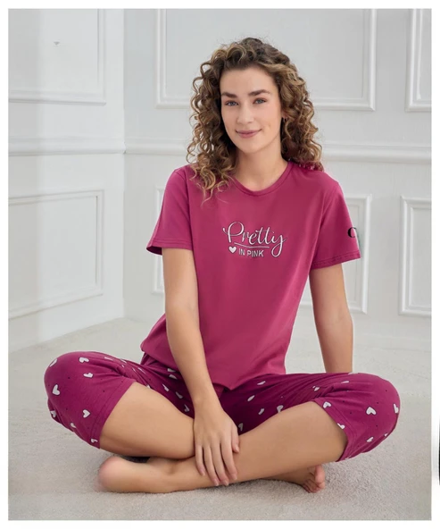 Mihra Kadın Bisiklet Yaka COMPACT PENYE Likralı KAPRİ Kısa Kol Pijama Takımı 90753M - 1 Adet  L Mürdüm