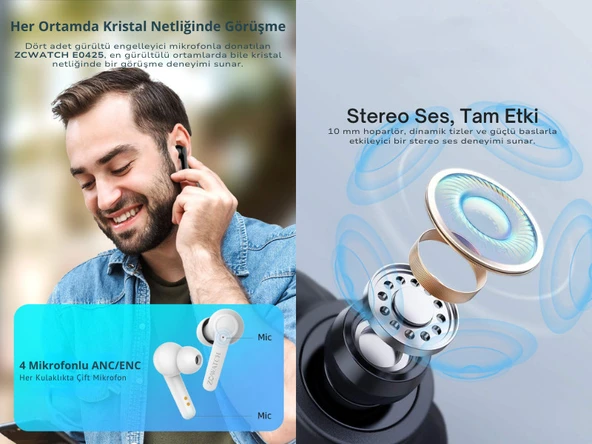 ZCWATCH E0425 ANC/ENC Aktif Gürültü Engelleme 4 Mikr. Bluetooth 5.3 Tws Kulaklık, 470 Mah Wireless Şarj (ZCWATCH Türkiye Garantili) - 5