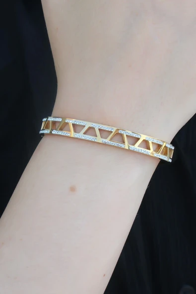 316L Çelik Gold Renk Zirkon Taş İşlemeli Kadın Kelepçe - TJ-BB5291