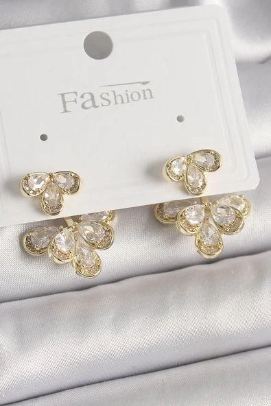 Pirinç Gold Renk Zirkon Taşlı Damla Model Kadın Küpe - TJ-BKP9939