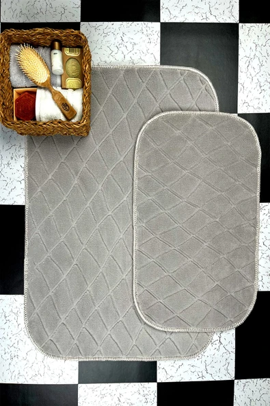 Sarar Plus Rölyef Banyo Paspas Takımı 2'li Açık Gri Kabartma Desenli Kaymaz Tabanlı (60x100 / 40x60)