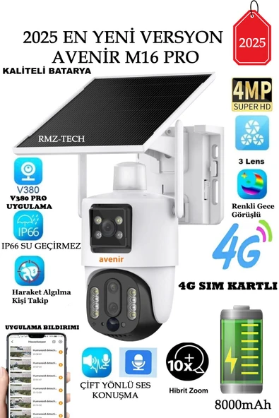 YENİ AV-M16 PRO 4MP 3 LENSLİ 4G Simkartlı 10X ZOOM İNSAN ALGILAMA GÜNEŞ PANELLİ DÖNEBİLEN KAMERA