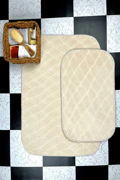 Sarar Plus Rölyef Banyo Paspas Takımı 2'li Bej Kabartma Desenli Kaymaz Tabanlı (60x90 / 40x60)
