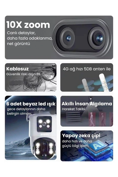 Avenir AV-M13 4g Simkartlı Solar Panelli 3 Lensli 12mp Full Color Gece Görüşü Çift Yönlü Ses Kamera - 3