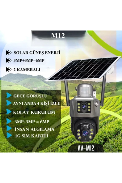 Av-m12 Pro 4g Sim Kartlı Çift Kameralı Güneş Enerjili 360° Dönebilen Kamera