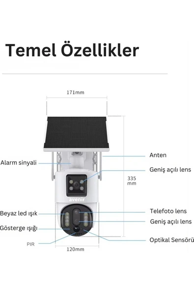 Avenir AV-M13 4g Simkartlı Solar Panelli 3 Lensli 12mp Full Color Gece Görüşü Çift Yönlü Ses Kamera - 2