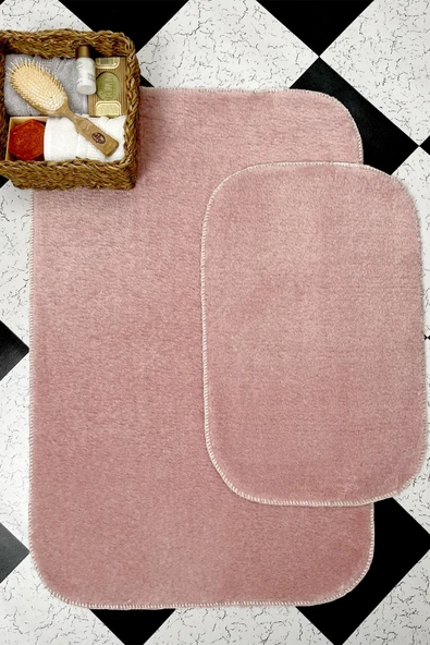 Pembe Banyo Paspas Takımı 2'li Yumuşak Pelüş Tüylü Kaymaz Tabanlı ( 60x80 / 40x60 )