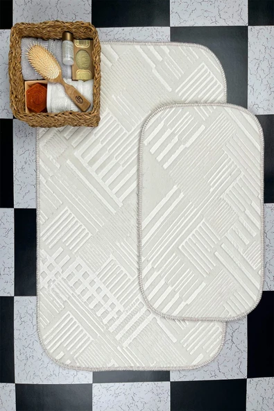 Sarar Plus Rölyef Banyo Paspas Takımı 2'li Beyaz Kabartma Desenli Kaymaz Tabanlı (60x90 / 40x60)