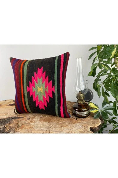 Dekoratif Kilim Kırlent Kılıfı, Vintage, El dokuma, Eski Ev Dekoru, 40x40,Decor Kilim Yastık Kılıfı - 2