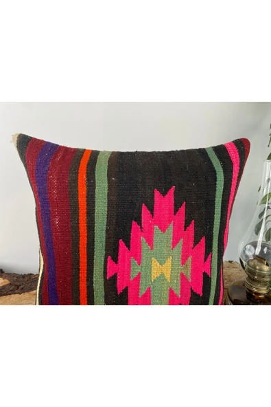 Dekoratif Kilim Kırlent Kılıfı, Vintage, El dokuma, Eski Ev Dekoru, 40x40,Decor Kilim Yastık Kılıfı - 3
