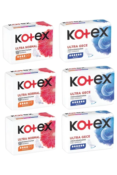 Kotex Ultra Ped Gece 6 Lı ( 3 Adet) + Ultra Normal Single 8'li ( 3 Adet)