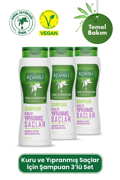 Komili Kuru ve Yıpranmış Saçlar İçin Vegan Temel Bakım Şampuanı 3'lü Set - 3 X 500 ML