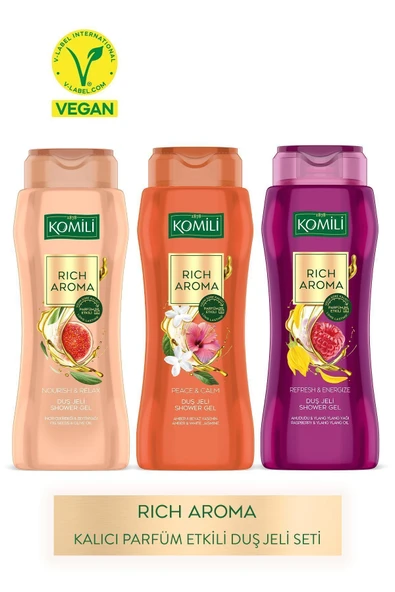 Komili Rich Aroma Kalıcı Parfüm Etkili Duş Jeli Seti - Vegan - 3 x 500 ML