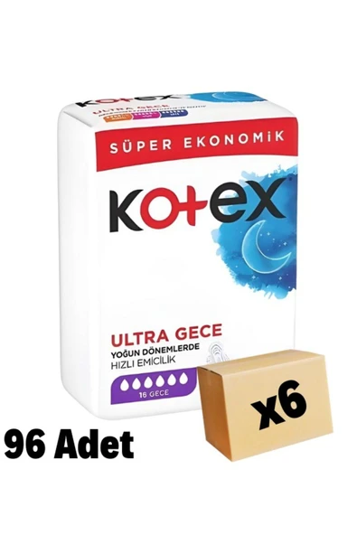 Kotex Ultra Hijyenik Ped Gece 16'lı 6 Paket 96 Adet