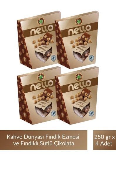 Kahve Dünyası Kahve Dünyası Nello Fındık Ezmesi ve Bütün Fındıklı Sütlü Çikolata 250 gr x 4 Adet