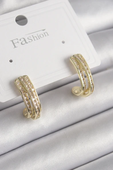 Pirinç Gold Renk Zirkon Taşlı Yarım Halka Model Kadın Küpe - TJ-BKP9977