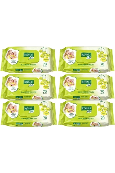 Komili Soft Islak Havlu Mendil 70 Yaprak (6 Lı Set) 420 Yaprak Plastik Kapaklı