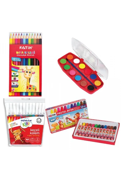 4'lü Okul Boya Seti - 12'li Keçeli Boya Kalemi 12'li Kuru Boya 12'li Pastel Boya 12'li S
