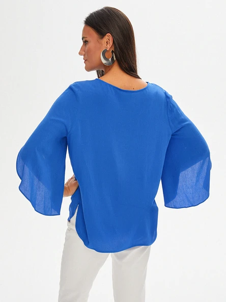 Faik Sönmez Kendinden Dokulu Yuvarlak Yaka Dokuma Kadın Bluz U68154 - 4