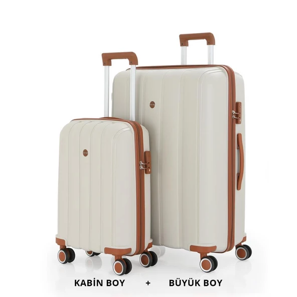 MÇS Bavul Büyük ve Kabin 2li Set Kırılmaz Silikon Valiz V305 Kemik/Kahve