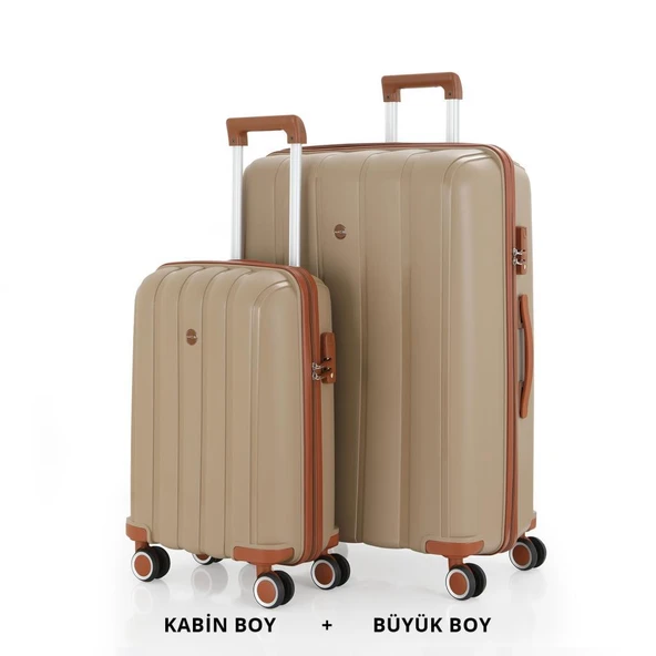 MÇS Bavul Büyük ve Kabin 2li Set Kırılmaz Silikon Valiz V305 Şamp/Kahve