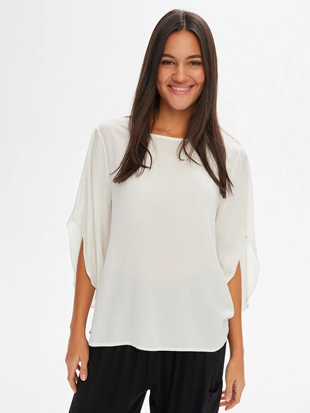 Faik Sönmez Kendinden Dokulu Yuvarlak Yaka Dokuma Kadın Bluz U68154 - 5