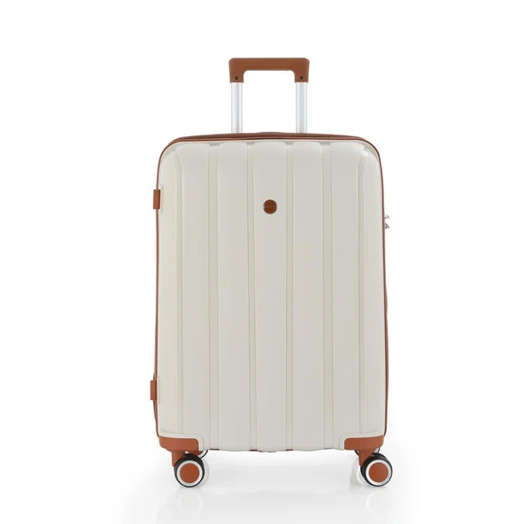 MÇS Bavul Büyük ve Orta 2li Set Kırılmaz Silikon Valiz V305 Kemik/Kahve - 7