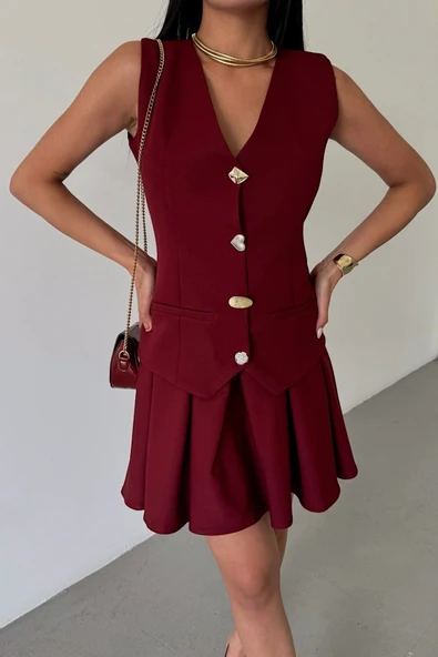 YELEK - PİLELİ ETEK GÖRÜNÜMLÜ ELBİSE - Bordo - 3