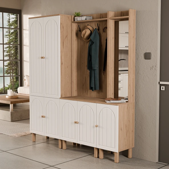 SET 5084-5072-5088 RAPSODY SAĞ AYNALI 7 KAPAKLI (MEMBRAN) 9 ASKILI BOHEM PORTMANTO SEPET-BEYAZ